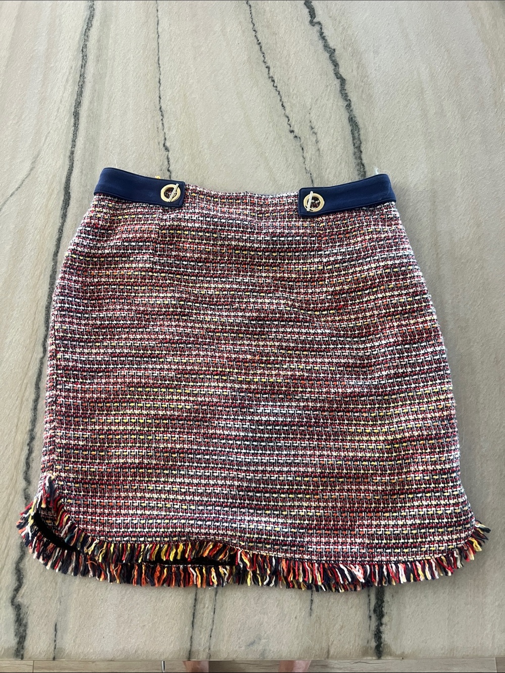 Laundry Multicolor Tweed Fringe Mini Skirt with Navy Waistband